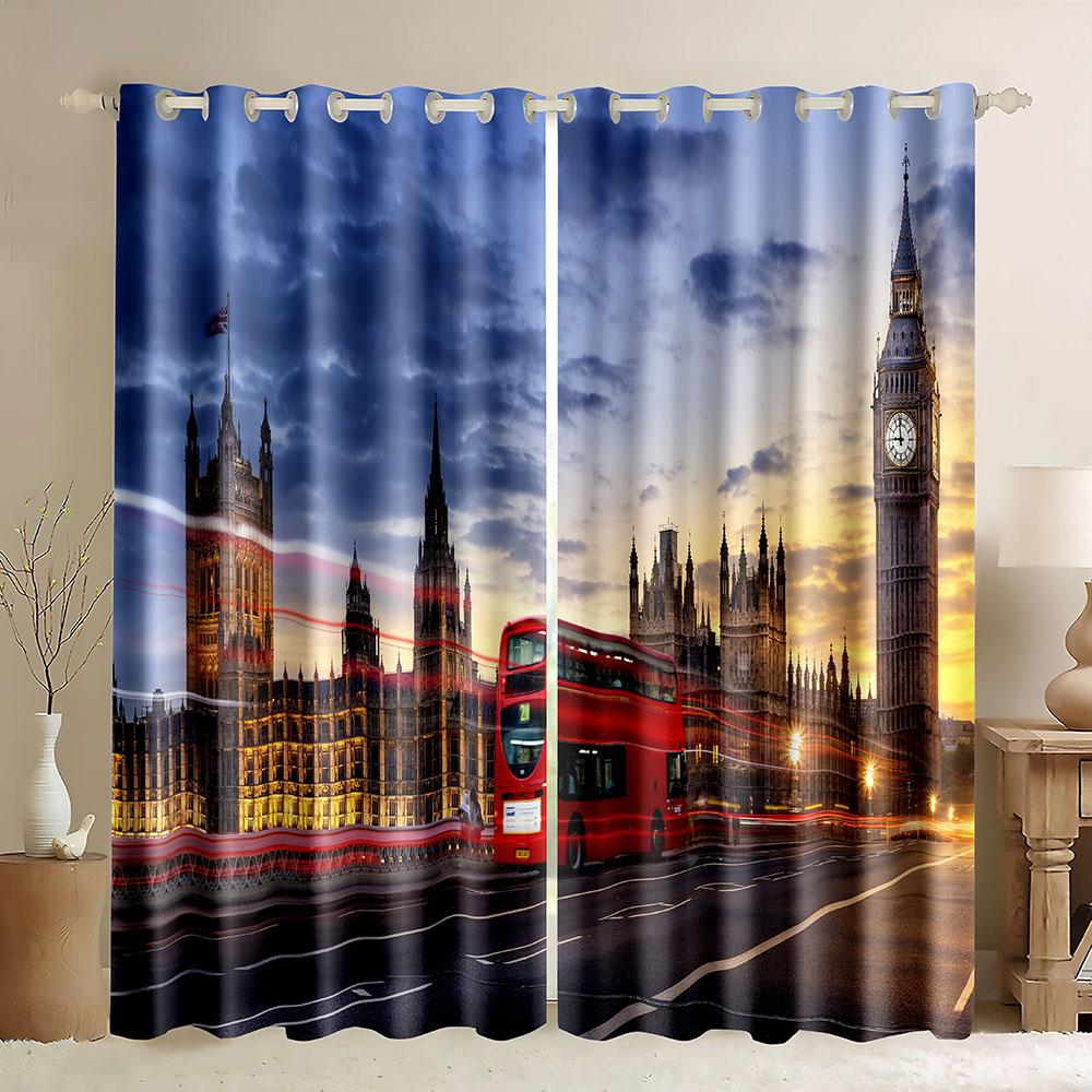 2pcs Prosperous Night City Architecture Scenery Printing Window Curtain for Bedroom, Living Room, Kitchen, Dining Room