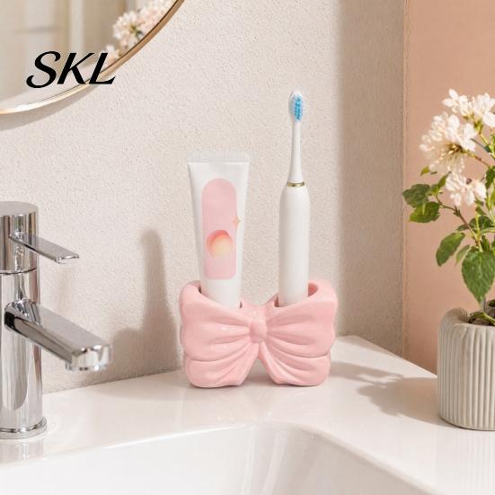 Double Hole Bathroom Holder 3D Printed Bow Toothbrush Holder, Adhesive Cup with Dual Holes for Counter Organizer & Toothpaste, Cute Decor, Minimalist