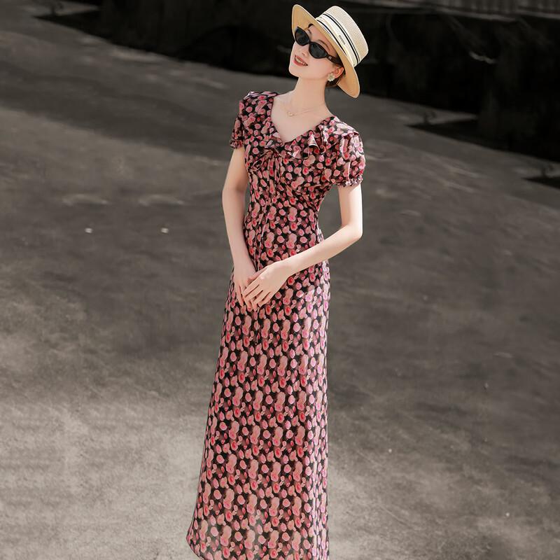 Lansar Elegant Print Ruffle Puff Sleeve Tea Dress L