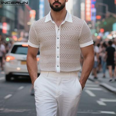 Men Lapel Short Sleeve Hollow Out Casual Loose Shirts Tops