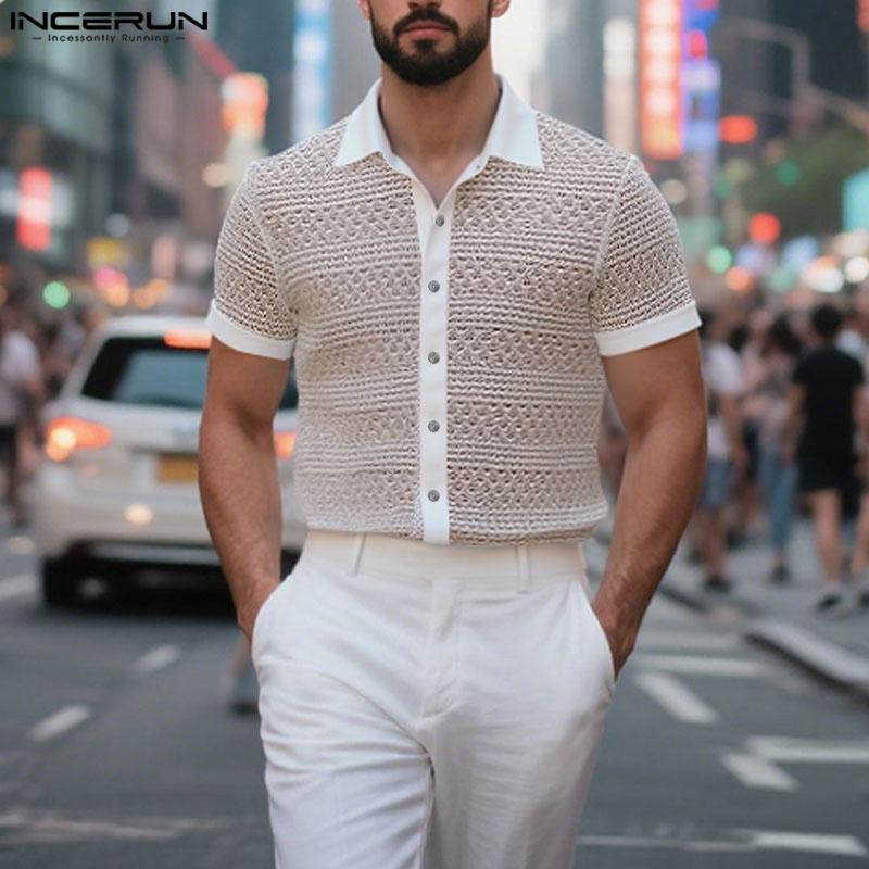 INCERUN Herren Revers Kurzarm Aushöhlen Lässig Locker Hemden Oberteile