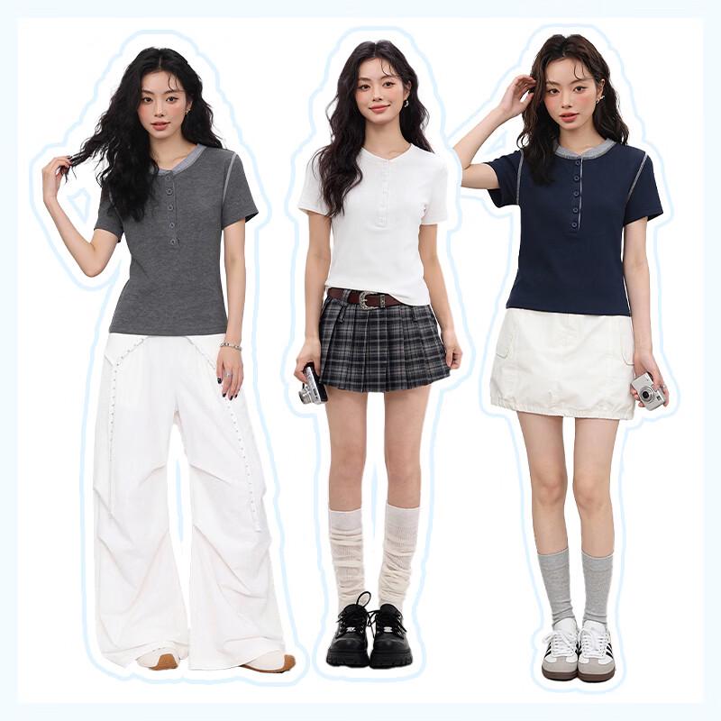 MJ STYLE Contrast Henley Collar Short Sleeve T-Shirt