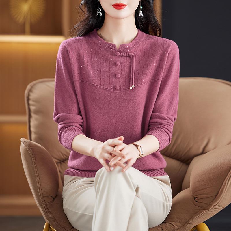 Elegant Plus Size Chinese Style Wool Sweater for Middle-aged and Elderly Women - Autumn/Winter Knitwear