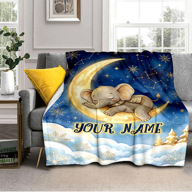 1PC Custom Name Elegant Elephant Moon Night blanket versatile,all-season throw suitable for the living room,bedroom,camping,travel,and gift