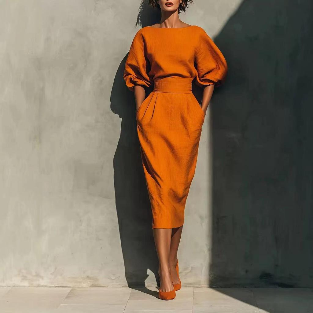 Abito Retro da Donna con Scollo a Barca e Silhouette ad A, Maniche a Sbuffo e Gonna Pieghettata a Vita Alta – Perfetto per l'Eleganza di Primavera e Autunno
