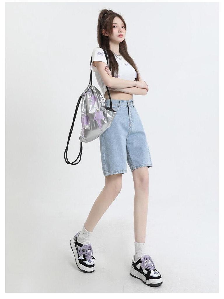 Women's High-Waisted Retro Denim Shorts - Trendy, Versatile, Slimming, Loose-Fit, Summer Five-Point Pants.