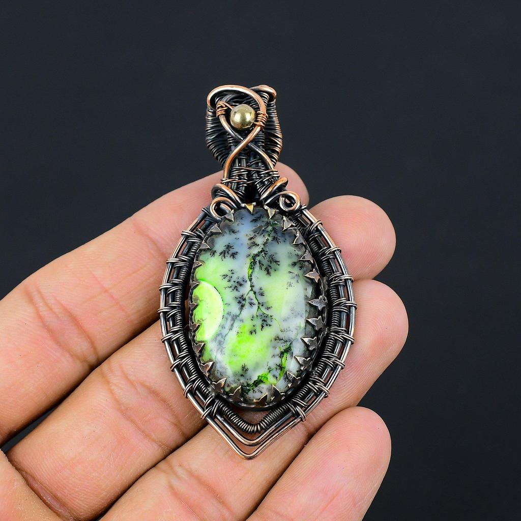 Green Dendrite Opal Gemstone Jewelry Pure Copper Wire Wrapped Handmade Pendant For Gift