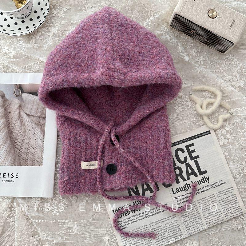 Korean Wool Balaclava Women's Autumn and Winter Windproof Warm Ear Protection Hat Scarf Integrated Knitted Woolen Hat