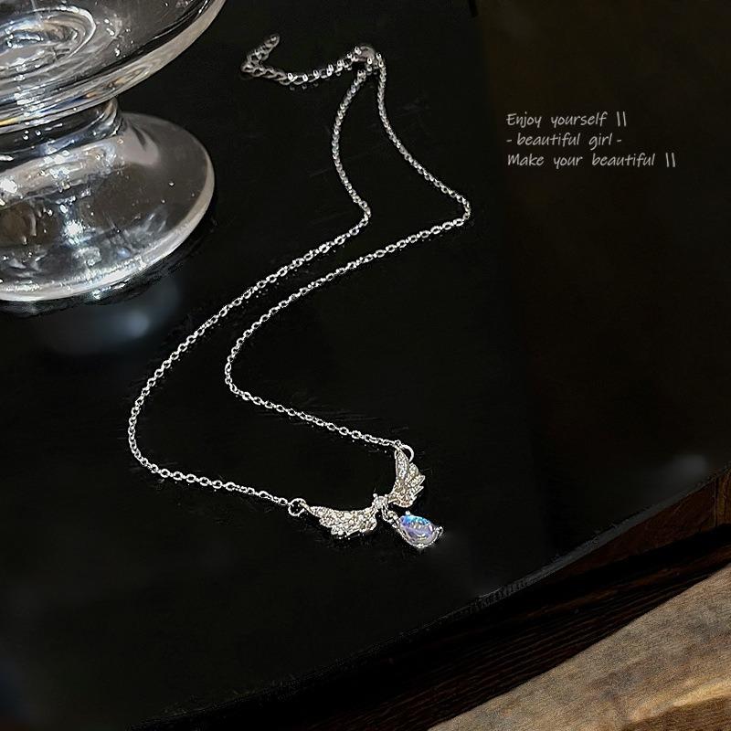 Women Light Luxury Minimalist Angel Wing Moonstone Drop Pendant Titanium Steel Clavicle Necklace