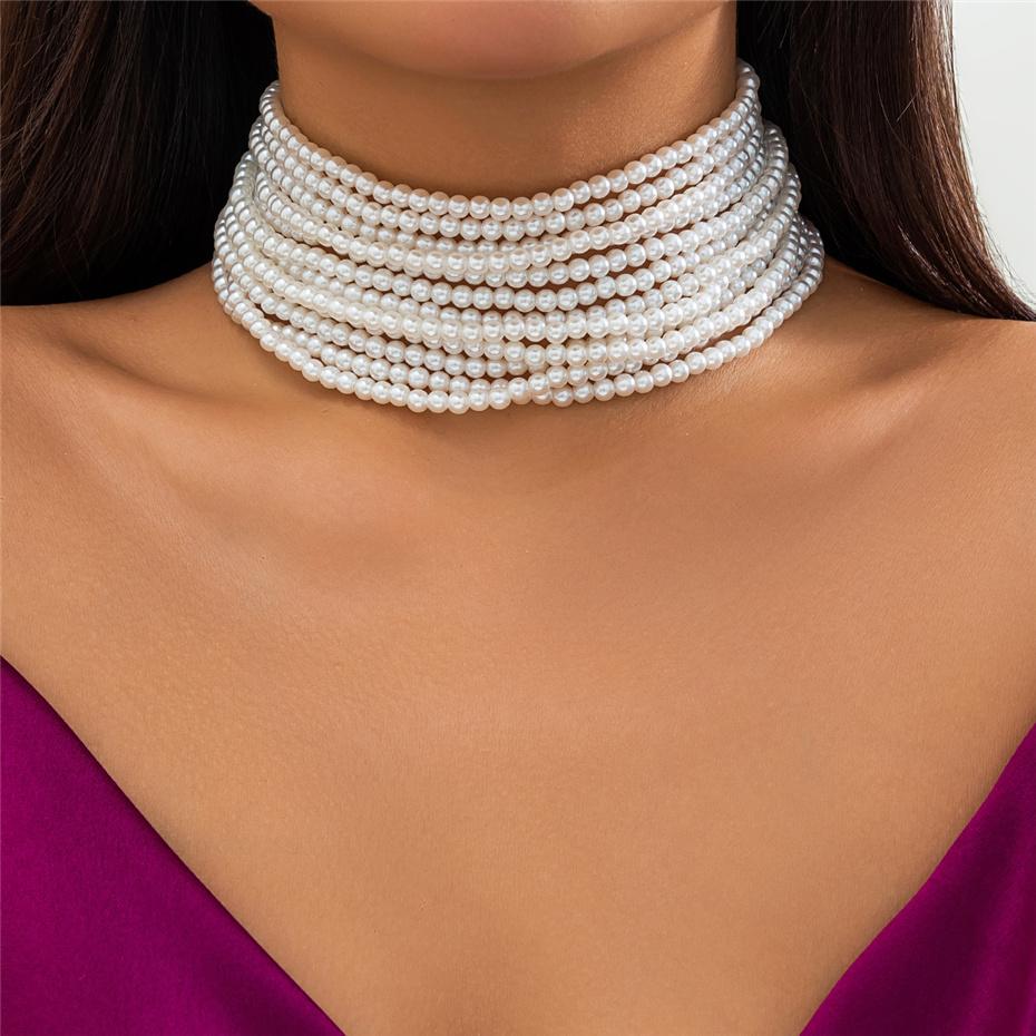 Multilayer Elegant Imitation Pearl Chunky Beads Chain Necklace for Women Wedding Bridal Goth Clavicle Choker Neck Accessories