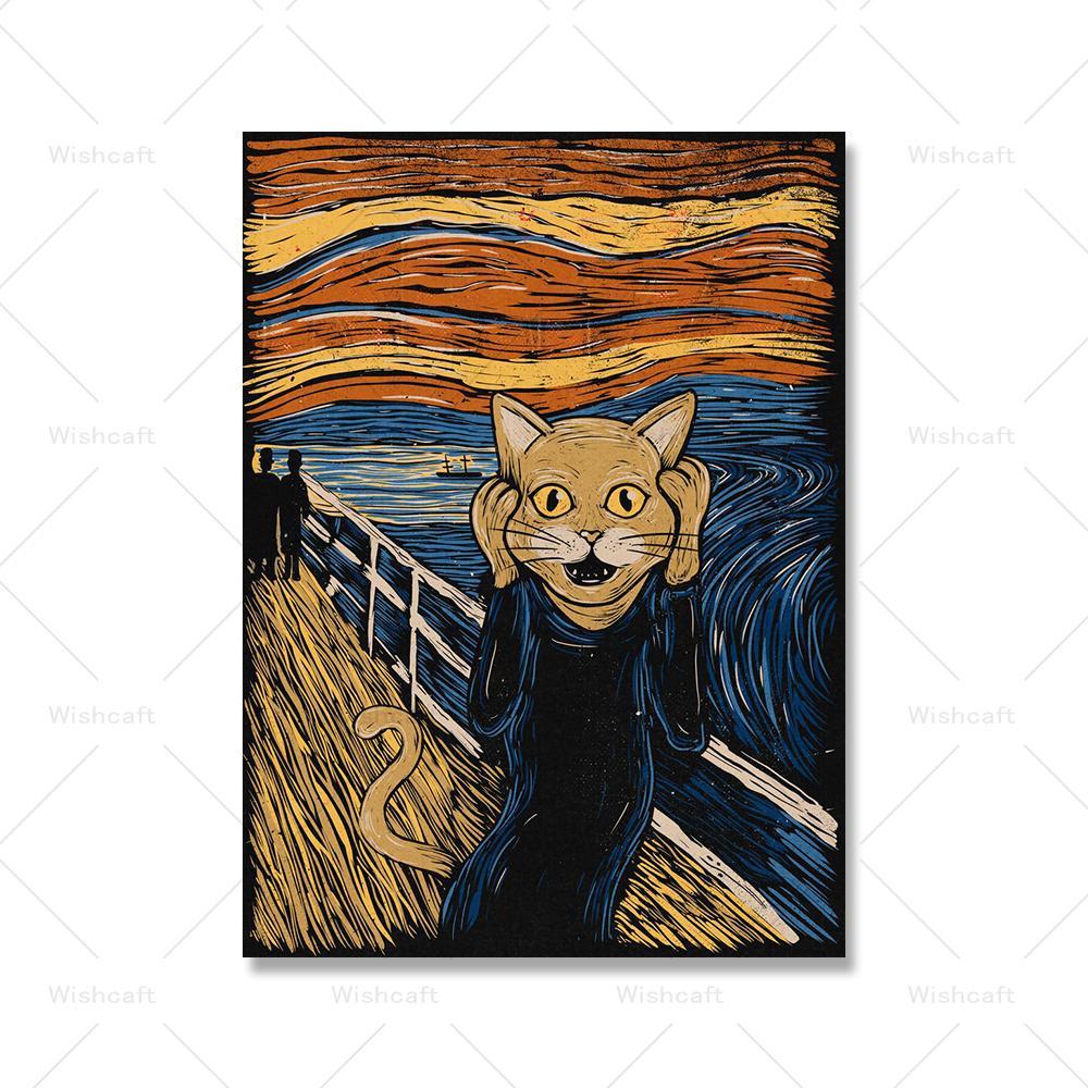 Grim Tattoo Cat on Red Sun Canvas Painting Funny Cute Cat Samurai Poster Print Kids Bed Home Room Wall Art Decoration Pictures