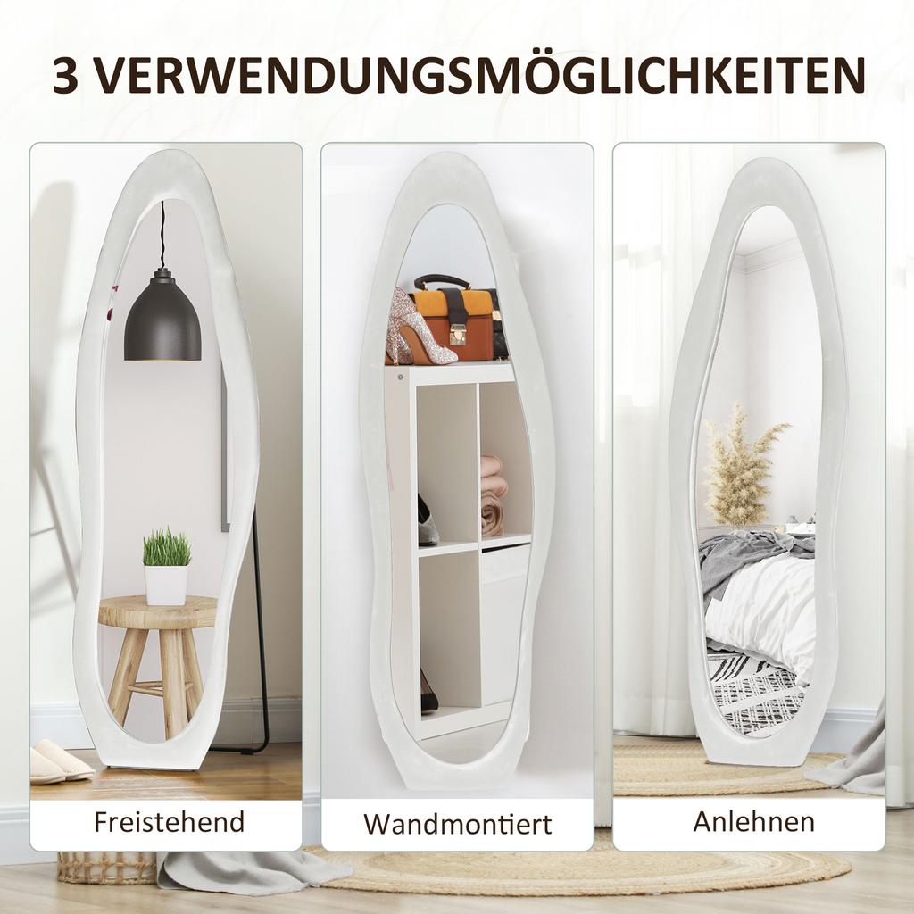 Specchio a figura intera, Forma ondulata, 160 x 50 cm, Autoportante, Rivestimento del telaio simile al velluto, Camera da letto, Soggiorno, Bianco