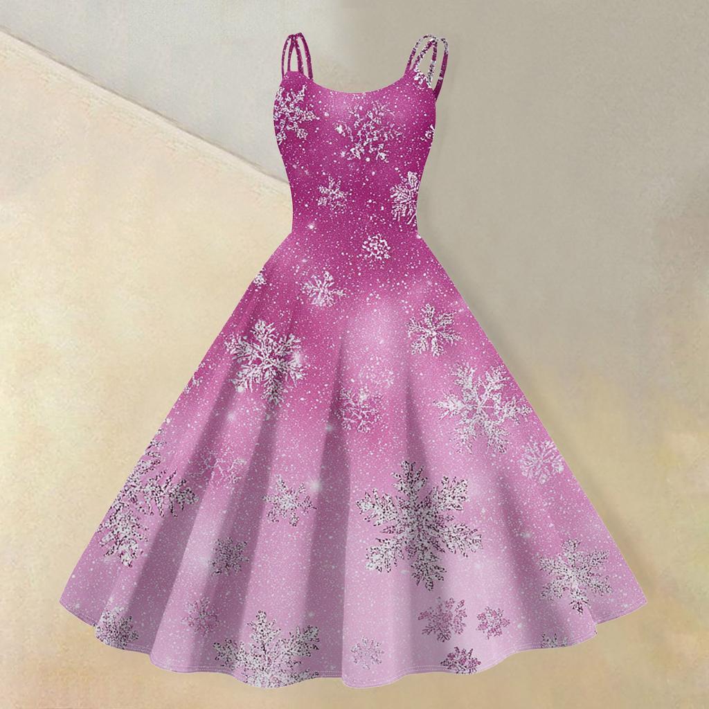 (Merry Christmas) Women's Casual Fashion Christmas Snowflake/Christmas Tree/Snowman Print Round Neck Retro Dress
