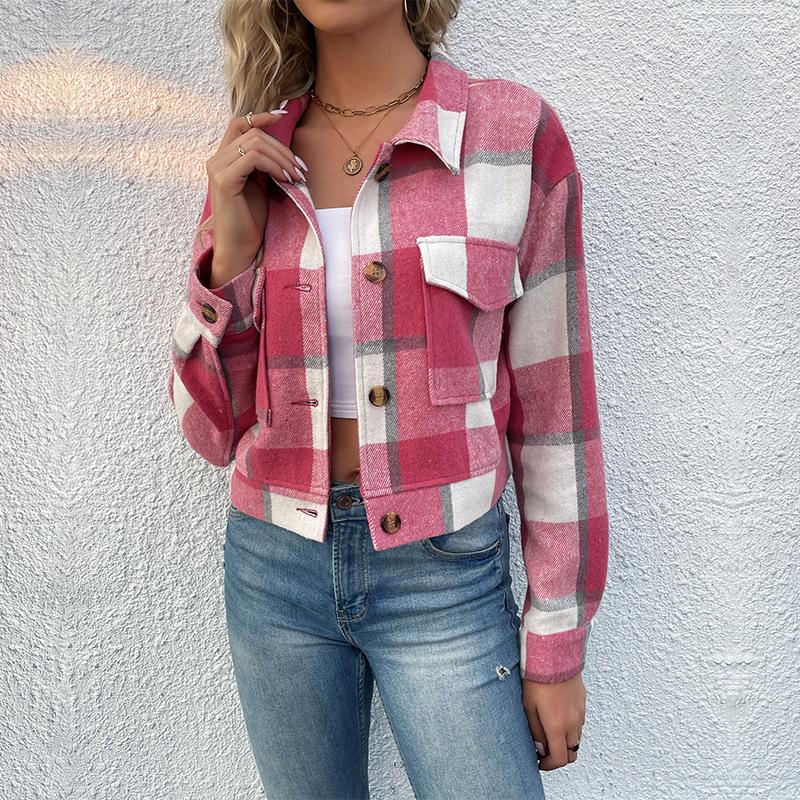 Women's 2026 Europe and The United States Short Paragraph Plaid Shirt Retro Lapel Jacket Female