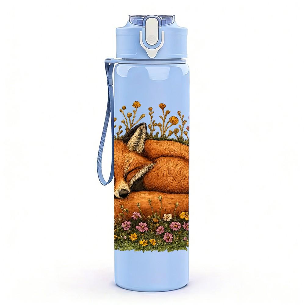 1PC Wild Flower Sleeping Fox 750ml Color Plastic Sports Water Bottle Leakproof Flip Straw Lid Suitable for Sports Office Home Use
