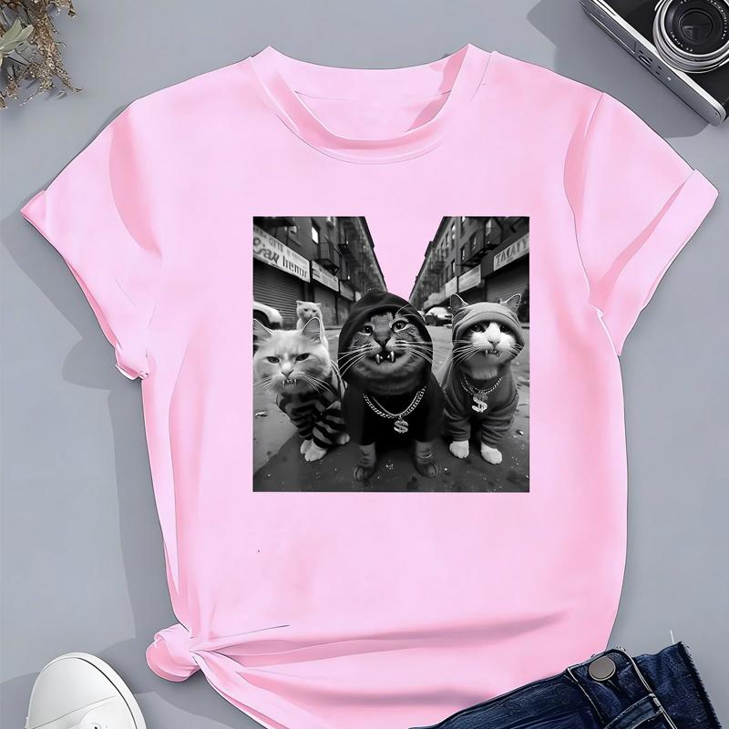 

2026 Streetwear Hip Hop Cat Cartoon Design Print T Shirts Kids Children s T-shirt Casual Boys Girls Summer Spring Casual Top Tee 2XL рожевий
