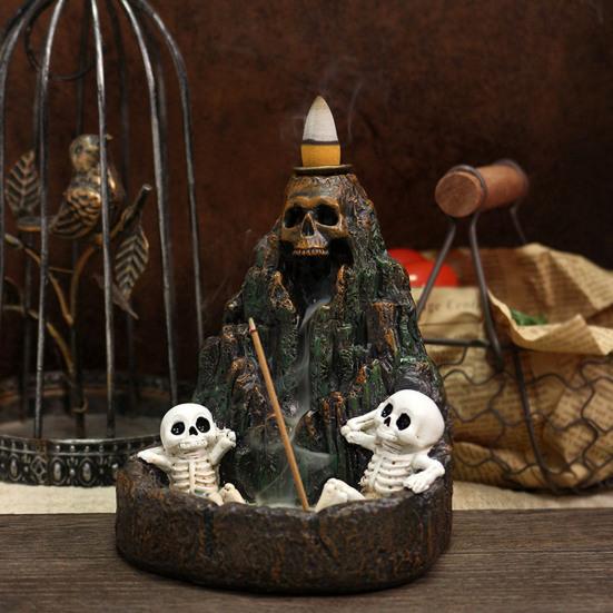 Halloween Skull Mountain Backflow Incense Burner Waterfall Incense Holder with 12 Incense Cones And Stick Resin Aromatherapy Holder for Gothic