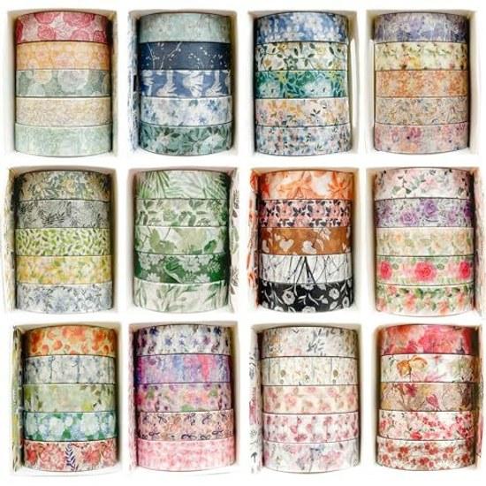 Masking tape 60 pieces set blooming flower pattern washi collection cute thin strips DIY craft journal planner scrapbook wrapping gift decoration