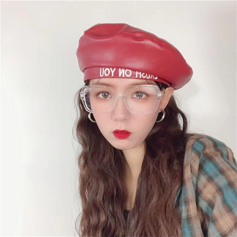 Beret Women's Spring Autumn New Embroidered Letter PU Leather Flat Top Japanese and Korean Street Shooting Fashion Bud Hat