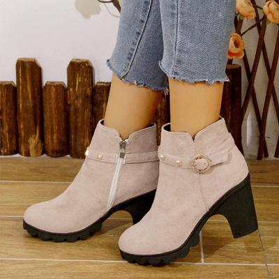 Modne Damskie Retro Botki na Wysokim Obcasie Kwadratowy Obcas Kobieta Wysokie Skórzane Botki Damskie Okrągły Nosek Platforma z Nitami Krótkie Botki