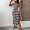 Women Casual Strap Square Collar Colorful Striped Printed High Split Package Hip One Piece Dress