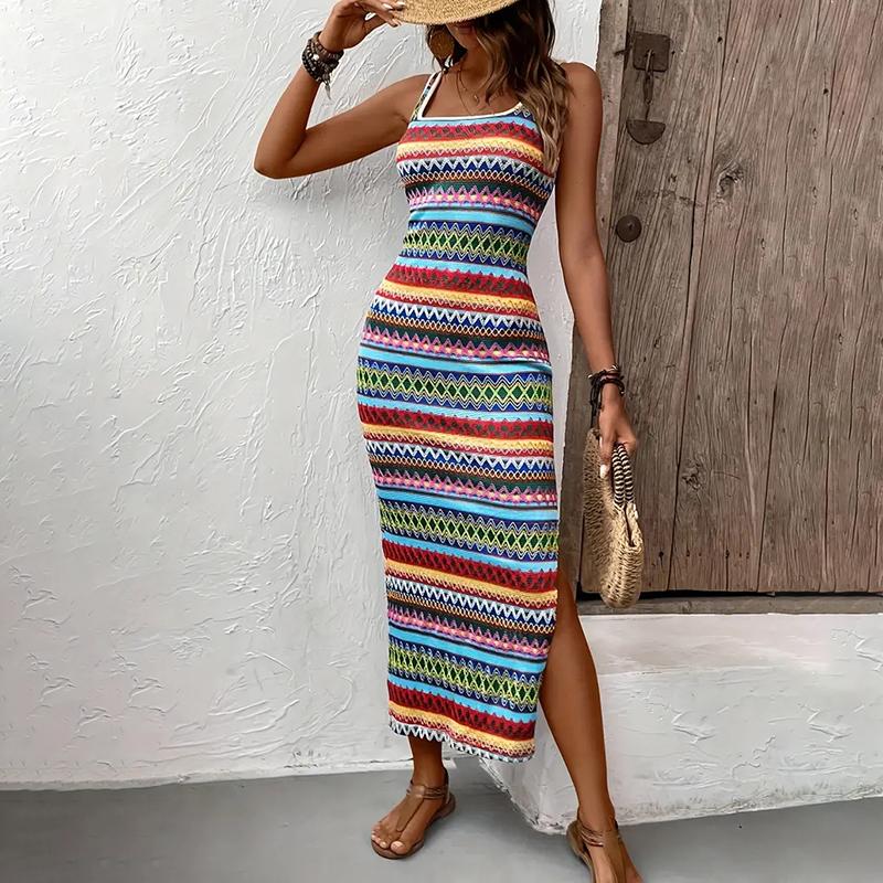 Women Casual Strap Square Collar Colorful Striped Printed High Split Package Hip One Piece Dress