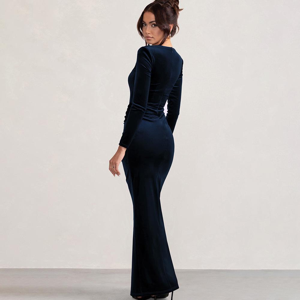 Women's Fashionable High-End Long Sleeved Round Neck Slim Fit Dress For Autumn Winter Women's Street Beach Party Long Dress