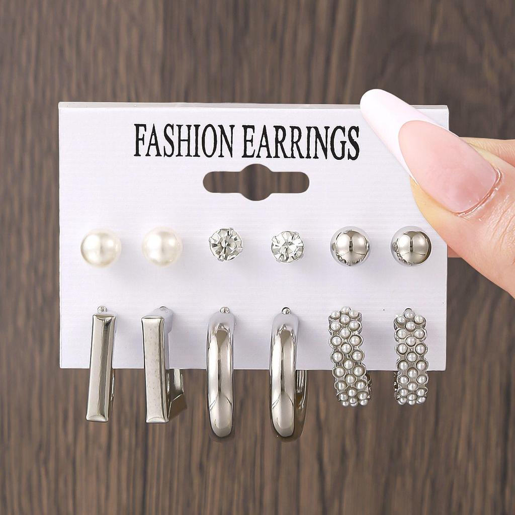 European & American Retro Geometric Hammered Textured Earrings 6-Piece Set: Creative Heart Diamond Stud & Alloy Earrings