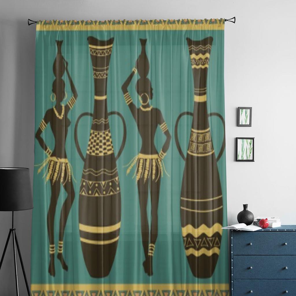 Afrikanische Stammes-Halbnackte Mädchen und Vasen Tüll Transparente Vorhänge für Wohnzimmer Schlafzimmer Küchendekoration Voile Organza Vorhänge