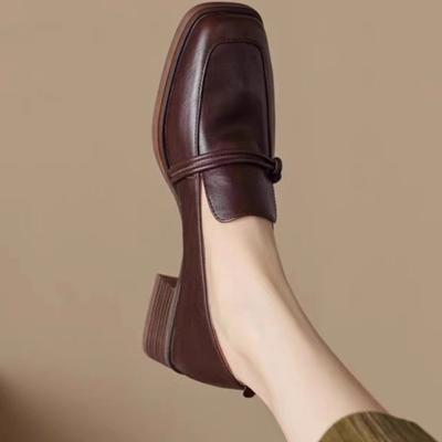 Chaussures décontractées à bout carré rétro printanier à talon épais et semelle souple, polyvalentes, en cuir souple, à enfiler, petites chaussures en cuir pour femmes