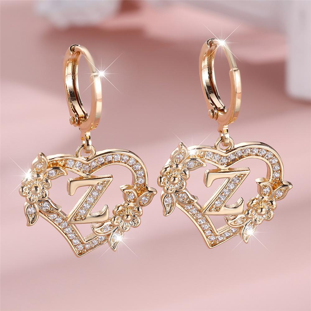 Vintage Hollow Love Heart Flower A-Z 26 Letters Hoop Earrings Yellow Gold Color White Zircon Earring Wedding Jewelry For Women