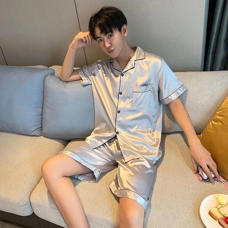 Men s Korean Style Imitation Silk Pajama Set: Short Sleeve Top & Long Pants, Summer/Spring Ice Silk Two-Piece Homewear L