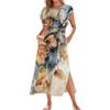 Ladies' Fashionable Summer Casual Pleated Sleeves, Loose Retro Floral Print, Short Sleeves, Round Tie, Pocket Beach Dress