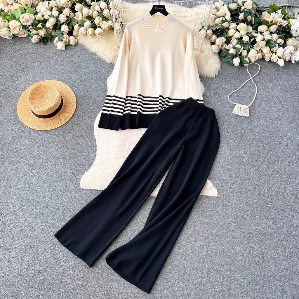 Toamnă Iarnă Femei Grătul cu mâneci lungi Pulover tricotat în dungi Topuri + Pantaloni largi Costume Set două piese Tinute femei