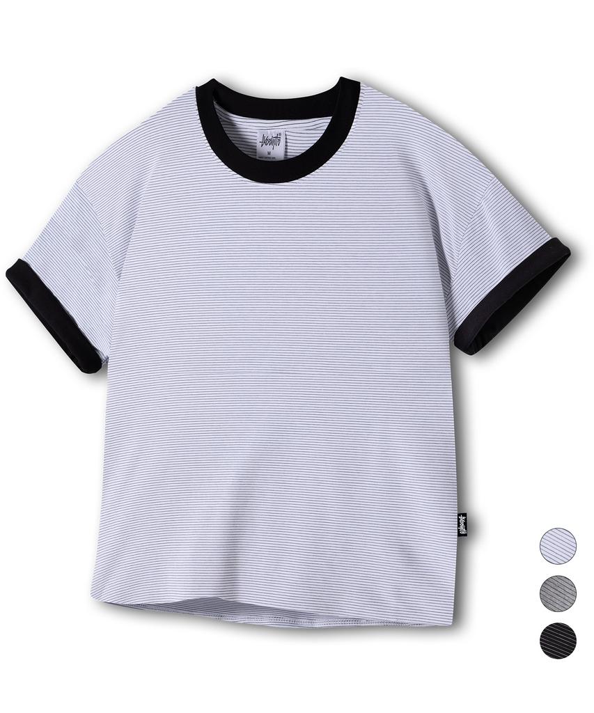 Yosemiti Striped Color Block Roll-Up Ringer Crop Short Sleeve Tee 3 Colors Yt-3Y27