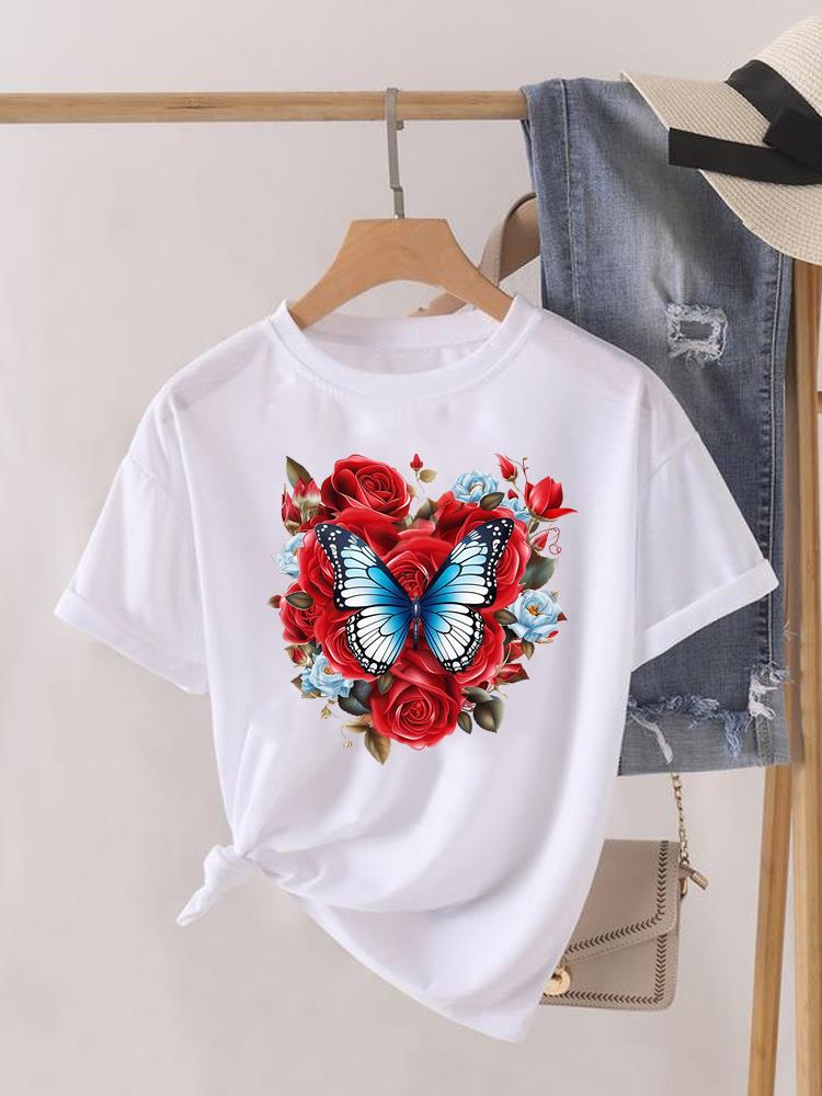 (Asian Size) 90s Flower Cute Clothing Lady O-neck Short Sleeve T-shirts Printed Female Top Casual T Shirt Fashion Women Graphic Tee