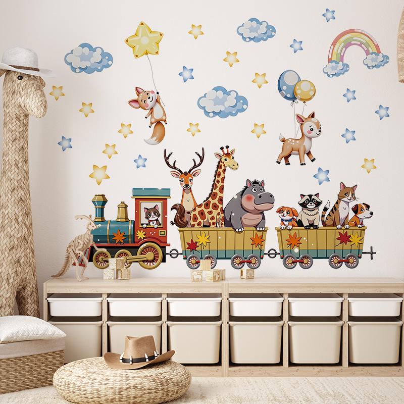 30*90cm Cartoon Animal Train Wall Sticker Removable PVC Wall Decoration for Nursery Room Kids Bedroom Home Decor