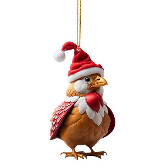 Weihnachtshuhn-Ornament, Cartoon-Huhn, Weihnachtsbaum-Hängedekoration, 2D-flacher Acryl-Anhänger für Fenster, Tür, Rucksack, Auto-Dekor