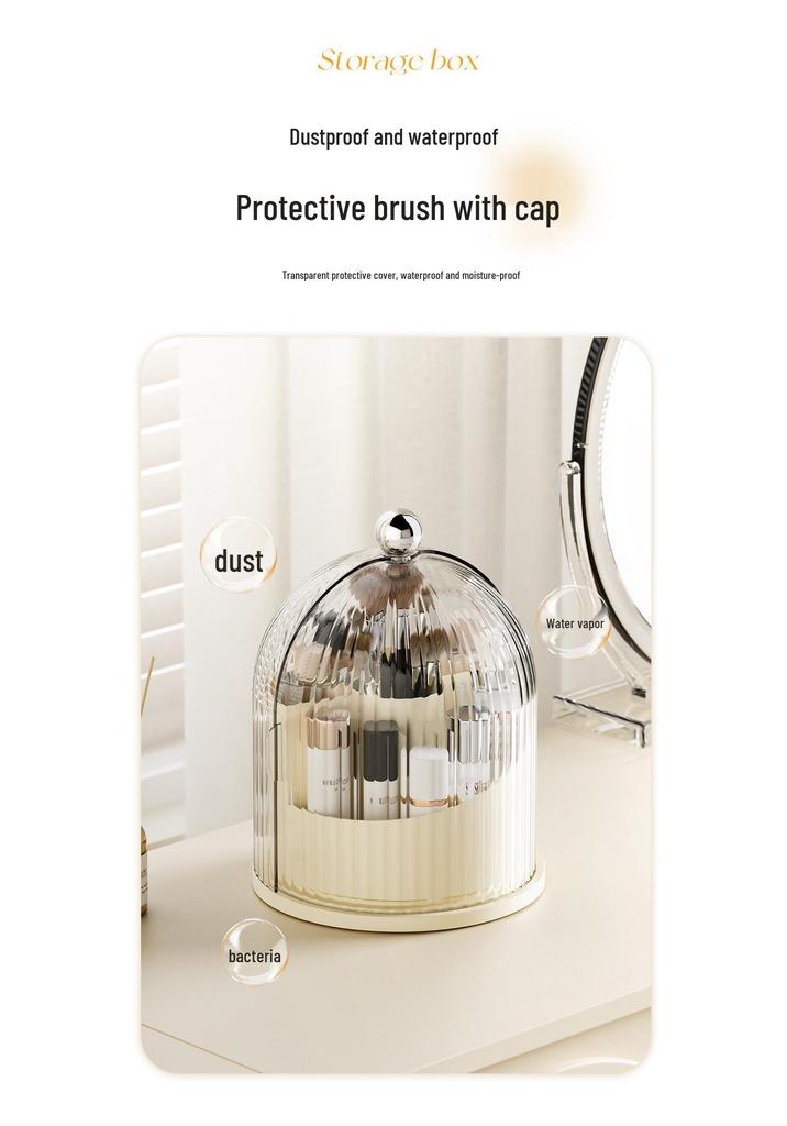 Transparent Rotating Makeup Organizer with Dustproof Compartments for Brushes, Lipsticks, and Eyebrow Pencils