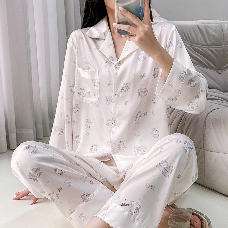 Women's Autumn/Winter Ice Silk Cartoon Pajamas, Korean-Style Sweetheart Set - Long Sleeve & Pants