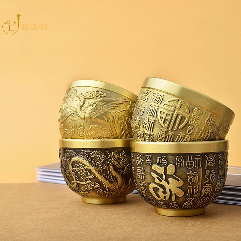 Cilindro di fenice portafortuna, tradizionale ornamento intagliato a mano in ottone, tazza da bere, ciotola in ottone Feng Shui, decorazione da tavolo