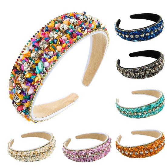 Women Headband Mini Stone Decor Rhinestone Rich Colors Wide Band Elastic Hair Decoration Anti-slip Turquoise Dating Hair Hoop Hair Accessories