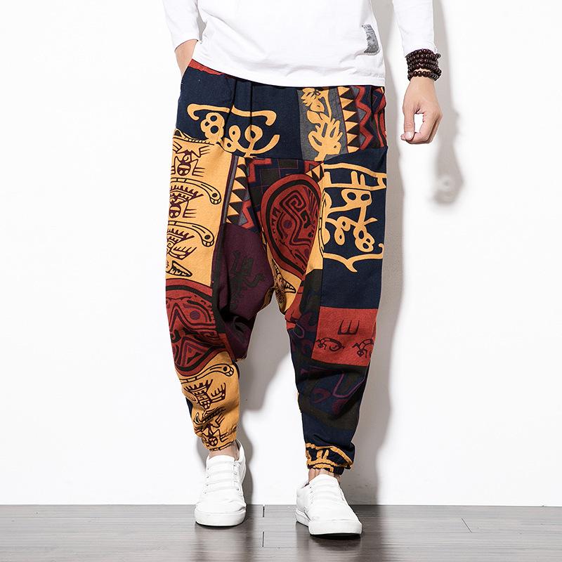 2026 Spring Men's Chinese-Style Cotton Linen Harem Pants - Printed Hip Hop Trousers