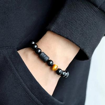 Pulseira do Zodíaco para Homens 8mm Ônix Preto Natural Pedra Olho de Tigre Signo Estelar Constelação Pulseira de Oração de Amizade Bênção Presentes