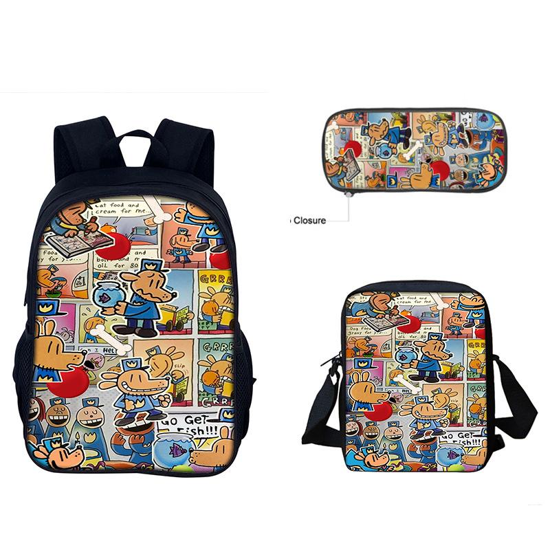 Dog Man 3Pcs Set Boy Funny Cartoon Schoolbag with Shoulder Bag Pencil Case Game Print Backpack Waterproof Children Boolbag