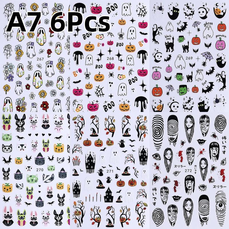 1/6 Pcs Halloween Nail Stickers Cute Skull Pumpkin Ghost Spider Nail Slide Decals Nail Supplies Manicure Decoration