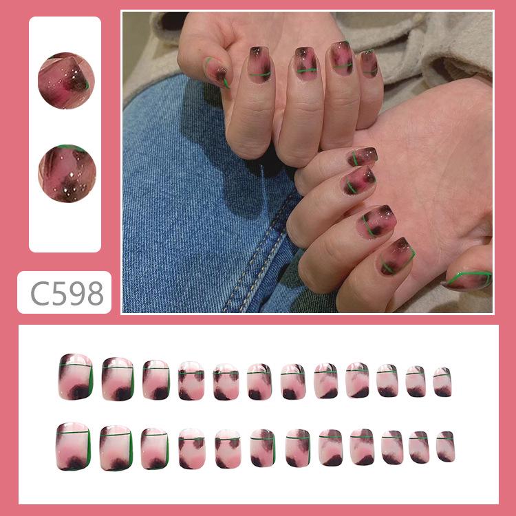 

Весенний градиент носимые накладные ногти: Свежий летний короткий маникюр, завершенные отбеливающие наклейки для ногтей C598-Glue Version