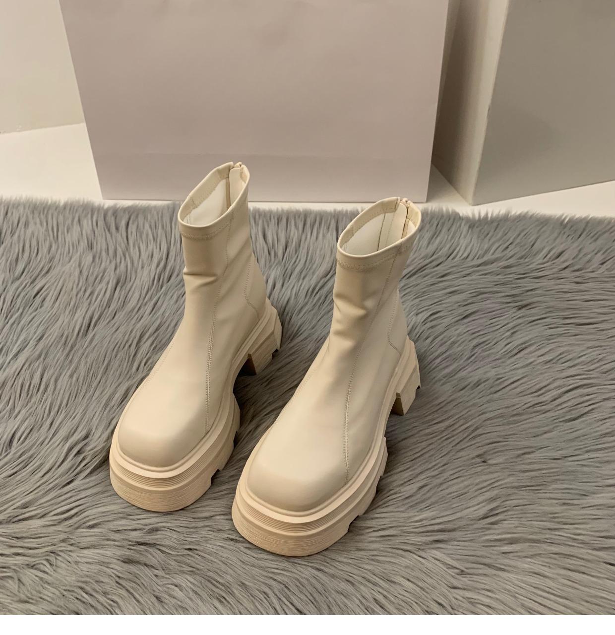 

Зимние ботинки с толстой подошвой, белые, с квадратным носком, женские туфли, летние, облегающие, тонкие, весенние и осенние, модные, удобные, универсальные, зимние, короткие ботинки 39 слоновая кость