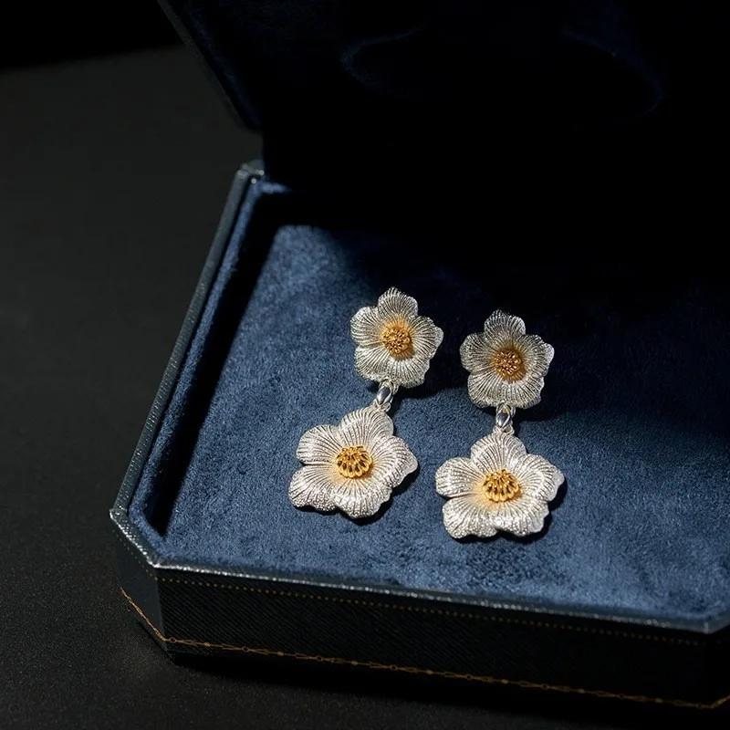 Retro Oil Painting Style Shining Flowers Earings Wire Drawing Gardenias Drop Earrings for Women Exquisite Wedding Zircon