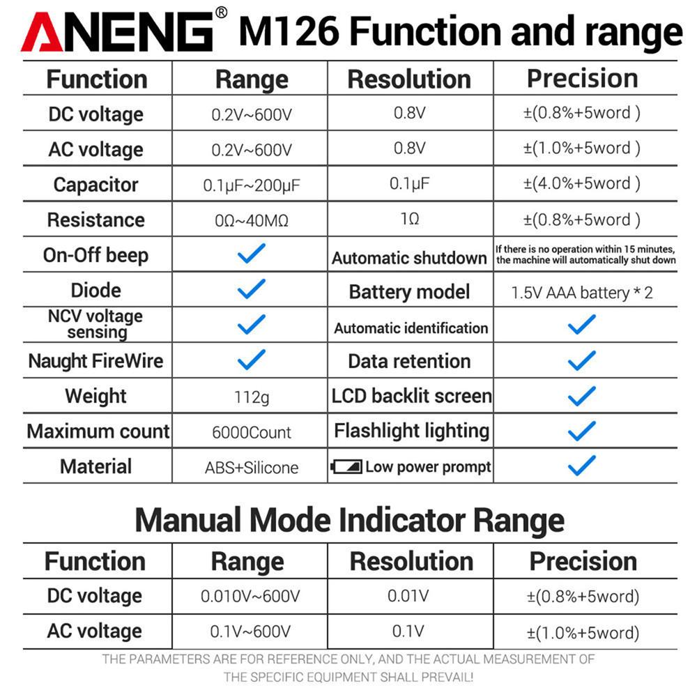 Multifunctional ANENG M126 Digital Multimeter Professional 6000 Count AC/DC Voltage Resistance Capacitance NCV Detection Voltmeter Tools Electrician